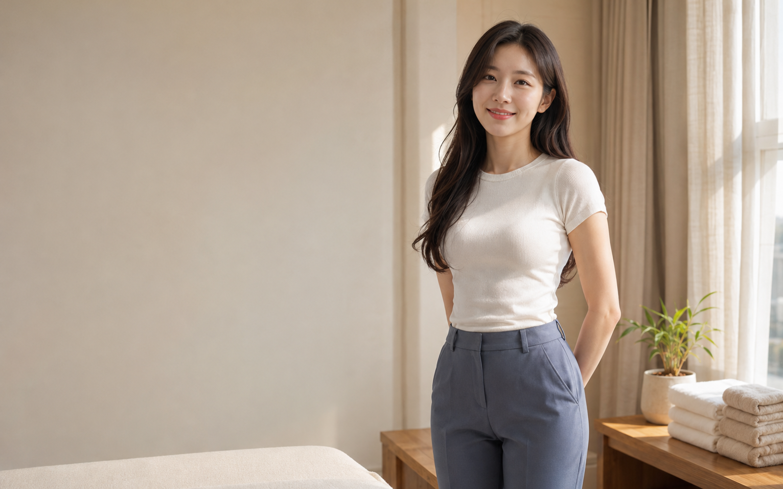 서울 양천구 방문 홈케어를 안내하는 젊은 성인 한국 여성 관리사